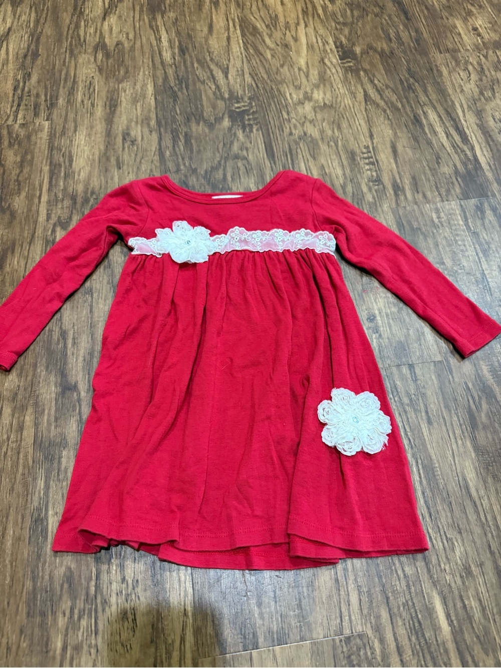 Girls Red Long-Sleeve Dress with White Lace Flowers